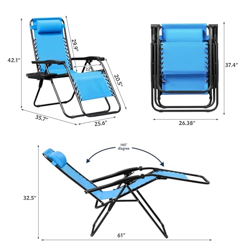 Zero Gravity Chairs Set of 2 Adjustable Steel Mesh Recliners with Cup Holder Tray and Pillow O17930