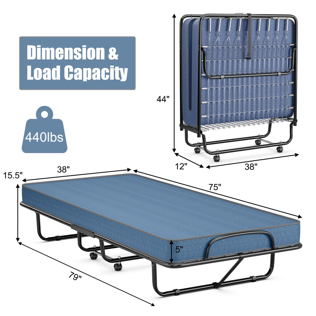 Folding Bed with Mattress Portable Rollaway Guest Cot Memory Foam Navy A22420