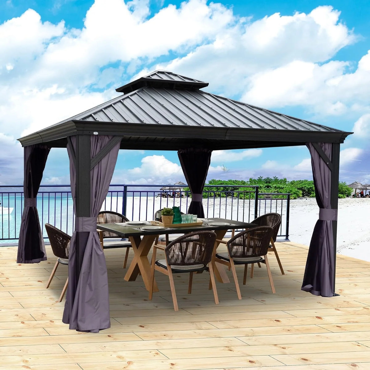 Hardtop Aluminum Gazebo with Mosquito Net and Privacy Sidewalls Z5133