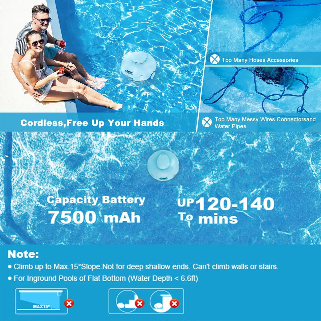 Cordless Robotic Pool Vacuum Cleaner 7500mAh Rechargeable IPX8 Waterproof J583175
