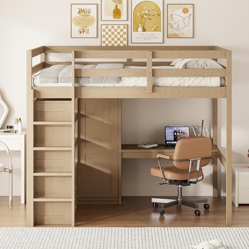 White Full Size Wood Loft Bed with Desk and Wardrobe F8178