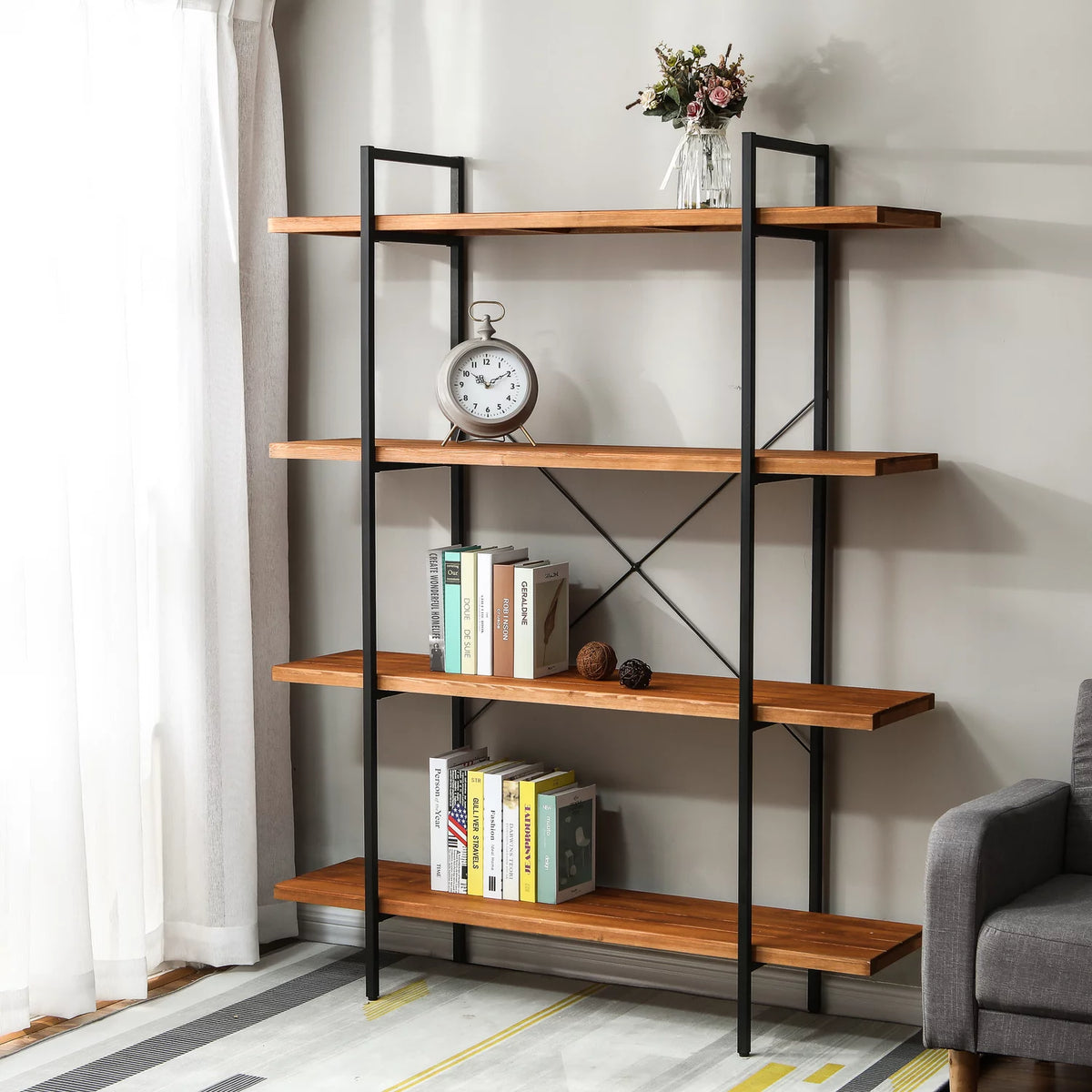 Brown Wood Metal Frame 4-Shelf Bookcase G341