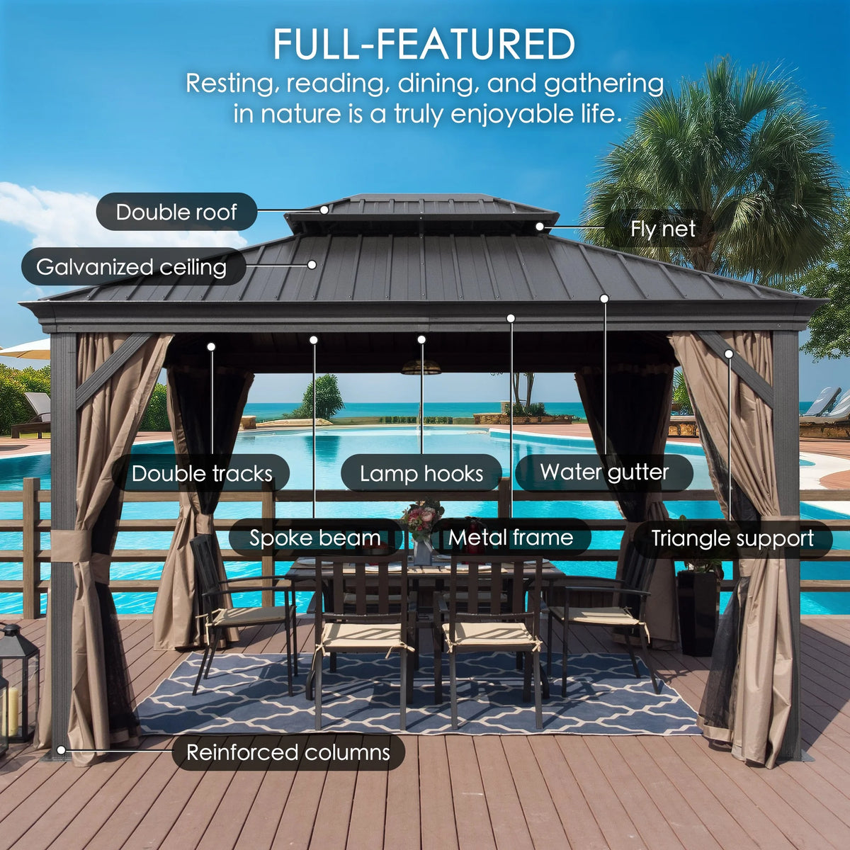 Hardtop Aluminum Gazebo with Mosquito Net and Privacy Sidewalls Z5133