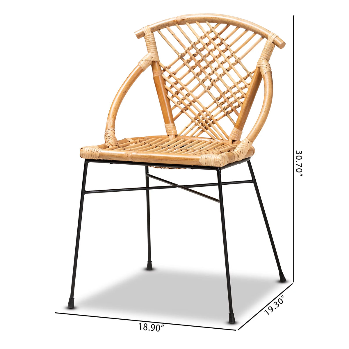 Natural Brown Rattan and Black Metal 2-Piece Dining Chair Set U40364