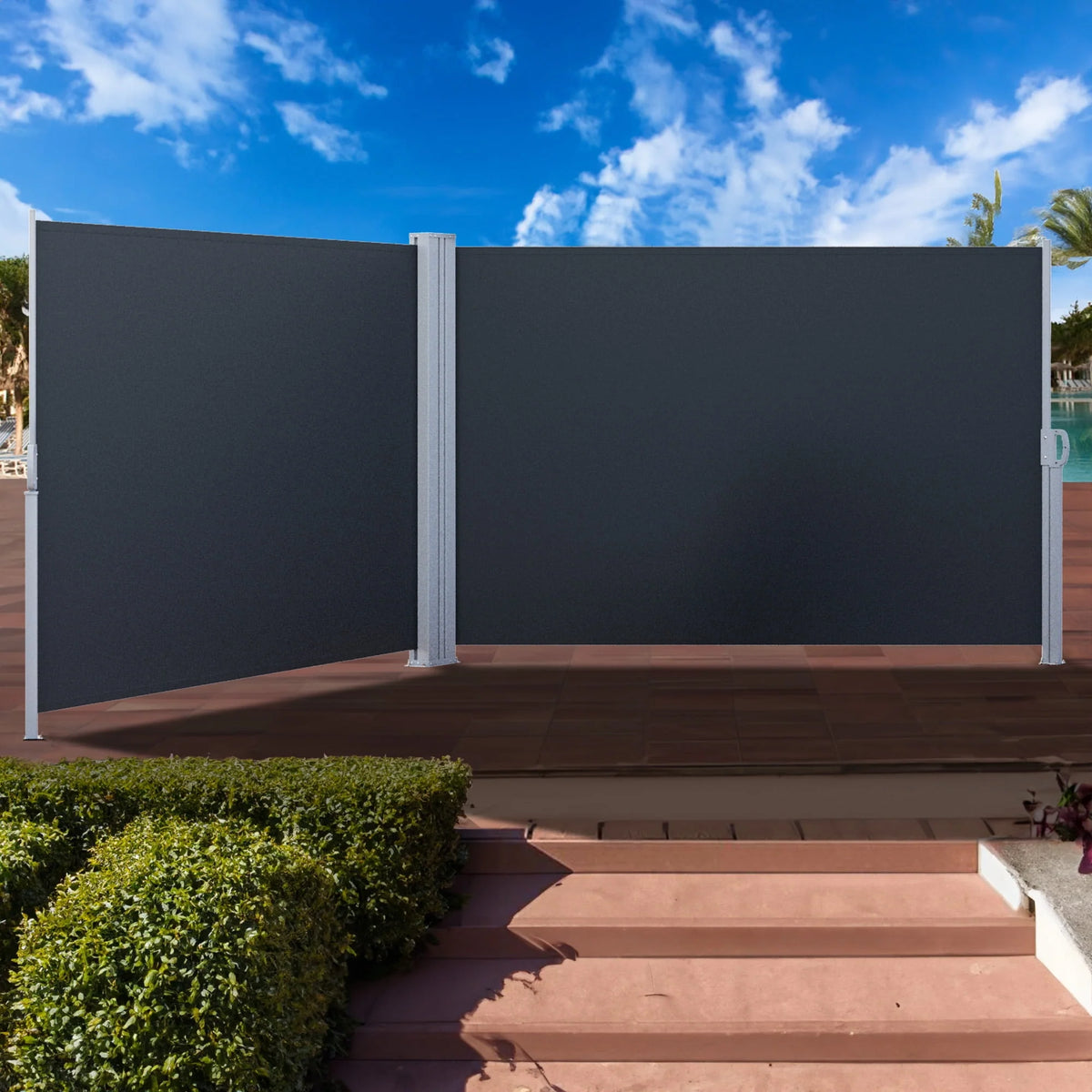 Double Side Awning 236''X 63'', Retractable Waterproof UV-Resistant Privacy Screen, Gray E18898