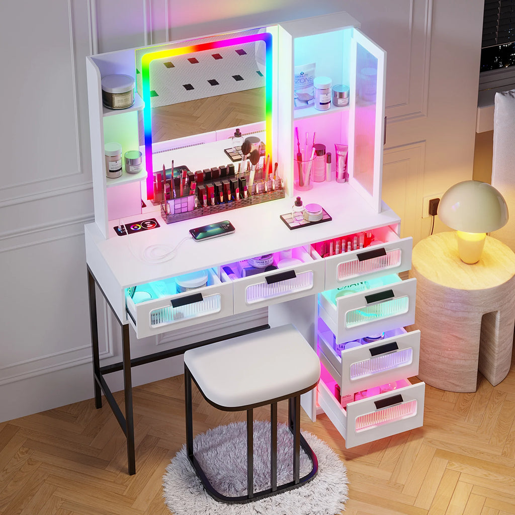 White Vanity with Lights and 6 Drawers Z57953