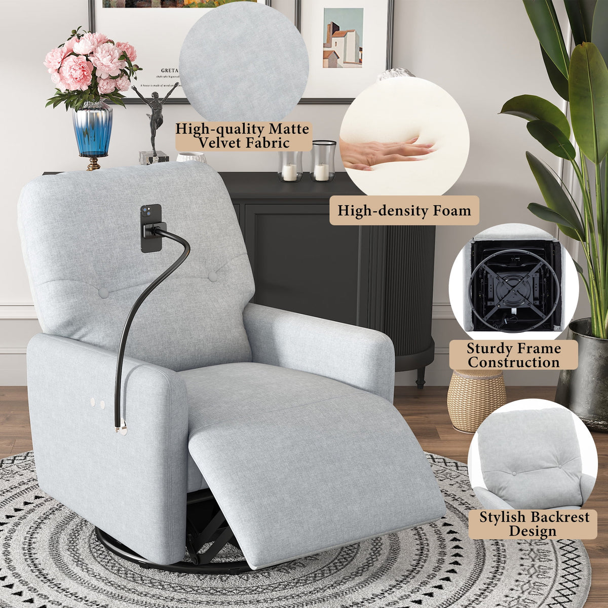 Grey 270 Degree Swivel Electric Recliner Sofa T77952